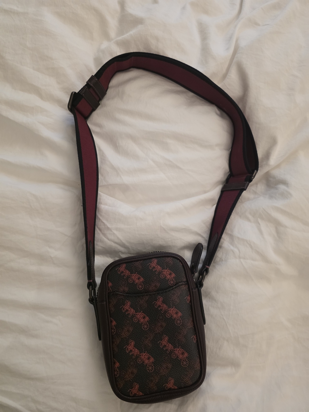 Unisex Crossbody Coach Bag in Dark Brown with Red Accent